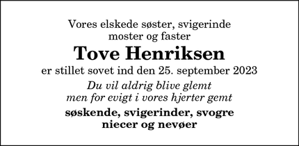 Dødsannoncen for Tove Henriksen - Nielstrup