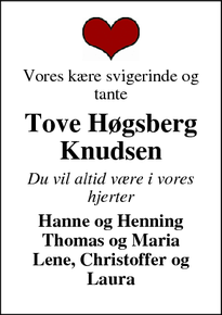 Dødsannoncen for Tove Høgsberg
Knudsen - Vejle