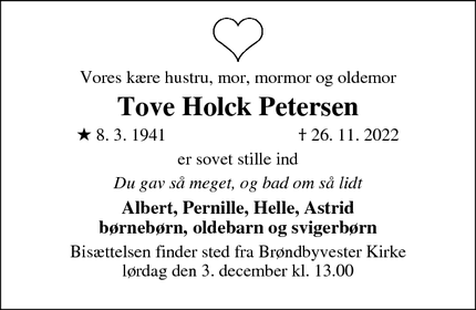 Dødsannoncen for Tove Holck Petersen - København Ø