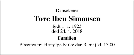 Dødsannoncen for Tove Iben Simonsen - Køge/Herfølge