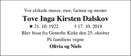 Dødsannoncen for Tove Inga Kirsten Dalskov - Gentofte