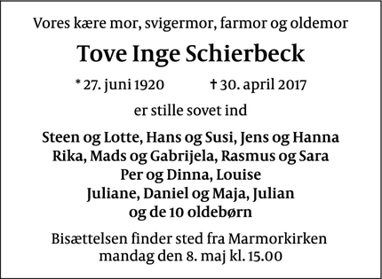 Dødsannoncen for Tove Inge Schierbeck - København
