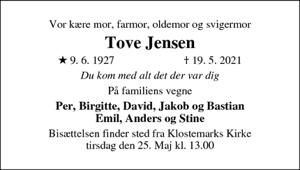Dødsannoncen for Tove Jensen - Ringsted