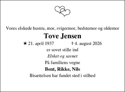 Dødsannoncen for Tove Jensen - Farum
