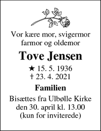 Dødsannoncen for Tove Jensen - V. Skerninge