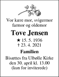 Dødsannoncen for Tove Jensen - V. Skerninge