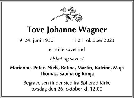 Dødsannoncen for Tove Johanne Wagner - Virum