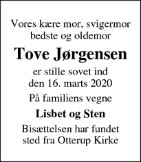 Dødsannoncen for Tove Jørgensen - Otterup