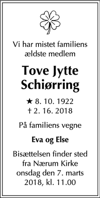 Dødsannoncen for Tove Jytte Schiørring - Nærum