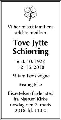 Dødsannoncen for Tove Jytte Schiørring - Nærum