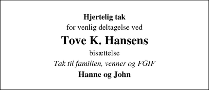 Taksigelsen for Tove K. Hansens - Roskilde