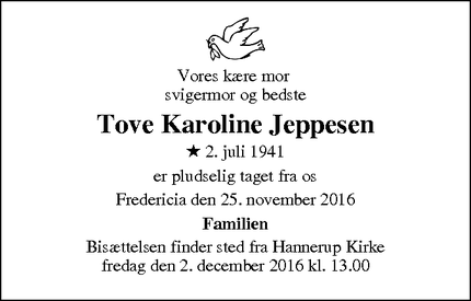 Dødsannoncen for Tove Karoline Jeppesen - Fredericia
