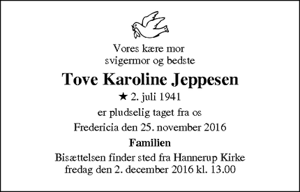 Dødsannoncen for Tove Karoline Jeppesen  - Fredericia