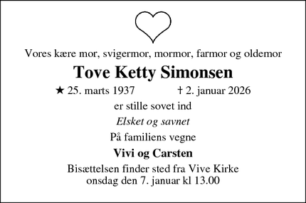 Dødsannoncen for Tove Ketty Simonsen - Ikast