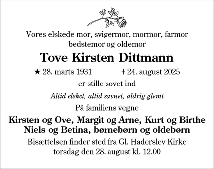 Dødsannoncen for Tove Kirsten Dittmann - Haderslev