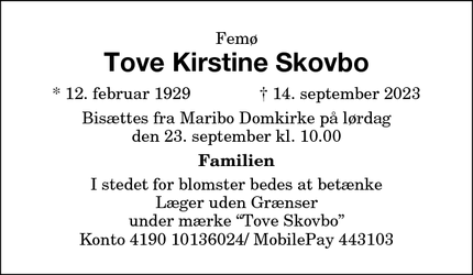 Dødsannoncen for Tove Kirstine Skovbo - Maribo/Femø