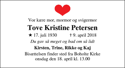 Dødsannoncen for Tove Kristine Petersen - Køge
