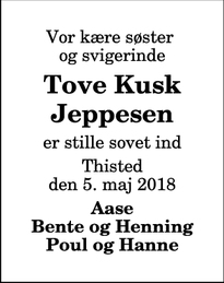 Dødsannoncen for Tove Kusk Jeppesen - Sjørring Thy