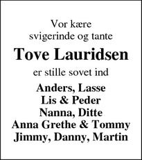 Dødsannoncen for Tove Lauridsen - Ringkøbing
