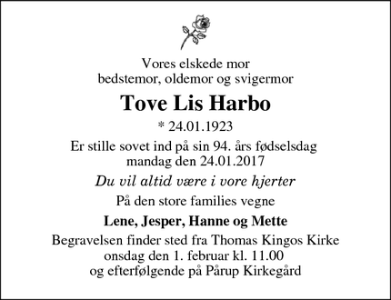 Dødsannoncen for Tove Lis Harbo - Odense