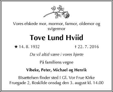 Dødsannoncen for Tove Lund Hviid - Roskilde