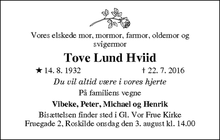 Dødsannoncen for Tove Lund Hviid - Roskilde