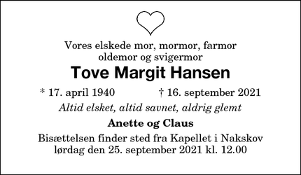 Dødsannoncen for Tove Margit Hansen - Nakskov