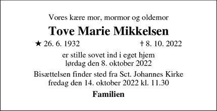 Dødsannoncen for Tove Marie Mikkelsen - Vejle