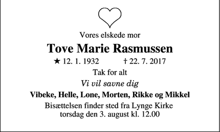 Dødsannoncen for Tove Marie Rasmussen - Lillerød