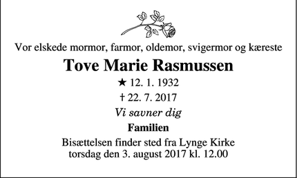 Dødsannoncen for Tove Marie Rasmussen - Lillerød
