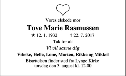 Dødsannoncen for Tove Marie Rasmussen - Lillerød