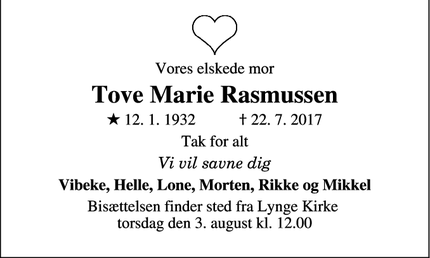 Dødsannoncen for Tove Marie Rasmussen - Lillerød