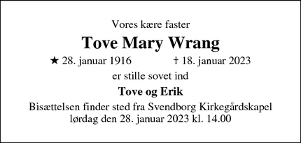 Dødsannoncen for Tove Mary Wrang - Svendborg
