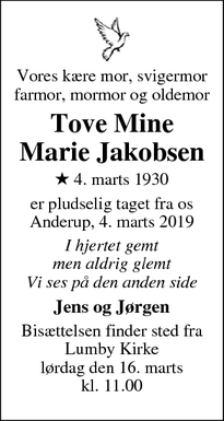 Dødsannoncen for Tove Mine
Marie Jakobsen - ODENSE NV