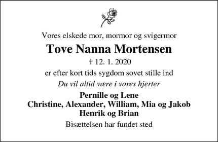 Dødsannoncen for Tove Nanna Mortensen - Esbjerg Ø