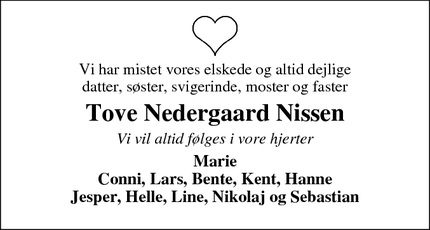 Dødsannoncen for Tove Nedergaard Nissen - Viborg