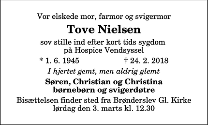 Dødsannoncen for Tove Nielsen - Brønderslev