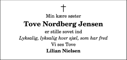 Dødsannoncen for Tove Nordberg Jensen - Horsens