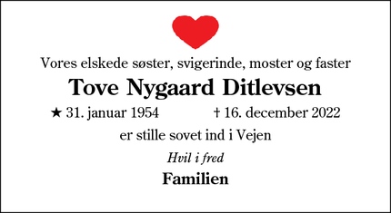 Dødsannoncen for Tove Nygaard Ditlevsen - Glejbjerg