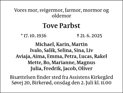 Dødsannoncen for Tove Parbst - Værløse