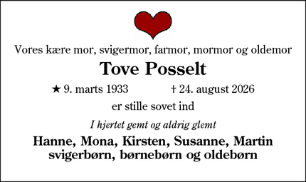 Dødsannoncen for Tove Posselt - Samsø