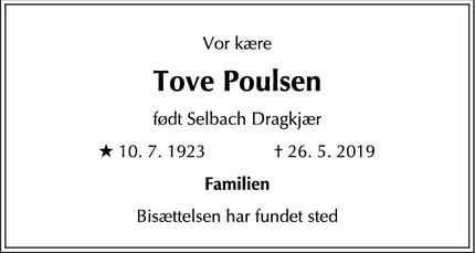 Dødsannoncen for Tove Poulsen - Charlottenlund