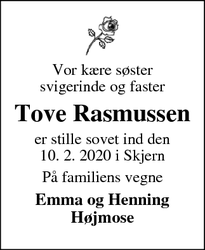 Dødsannoncen for Tove Rasmussen - Skjern
