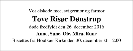 Dødsannoncen for Tove Risør Dønstrup - Viborg