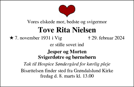 Dødsannoncen for Tove Rita Nielsen - Rødovre