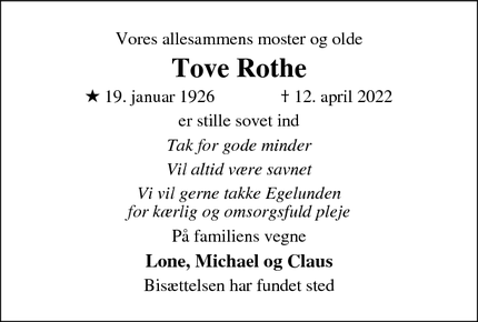 Dødsannoncen for Tove Rothe - Hammel