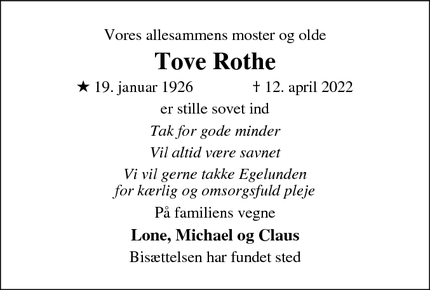Dødsannoncen for Tove Rothe - Hammel