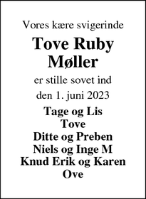 Dødsannoncen for Tove Ruby
Møller - 7570 Vemb