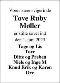Dødsannoncen for Tove Ruby
Møller - 7570 Vemb