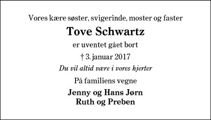 Dødsannoncen for Tove Schwartz - G råsten